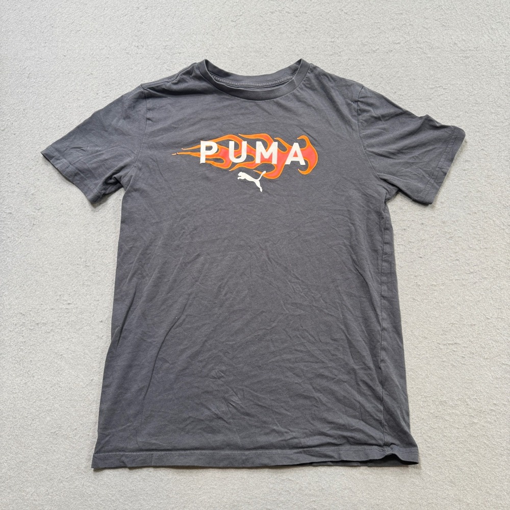 Puma T-Shirt Boy's Large Dark Gray Flame Graphic Short Sleeve Cotton Streetwear